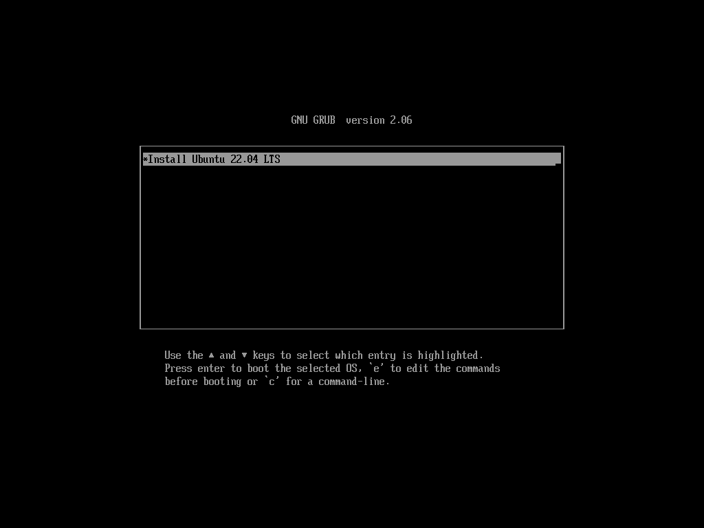 screenshot of the grub menu loaded from pxe with installation routine selected